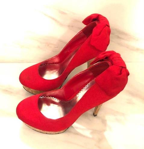 Bebe  Stiletto High Heels Kahilia Ruby Red Size 8 Platform Cork Bow Formal