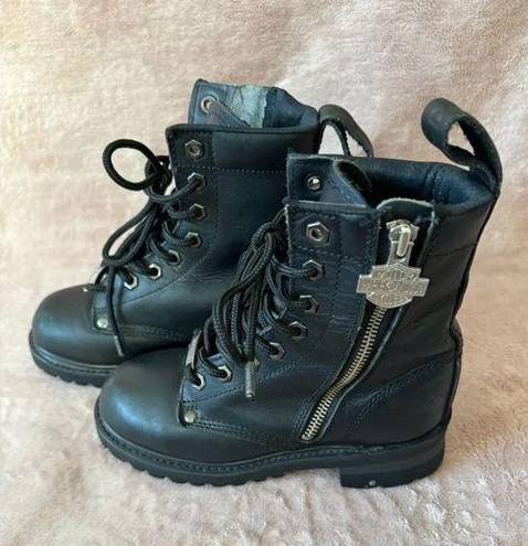 Harley Davidson  Motorcycle Biker Black Leather Lace Up Side Zip Boots Size 5