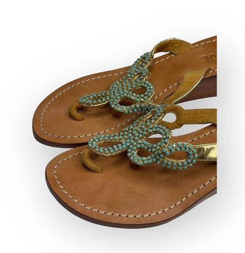 Mystique Boutique Mystique ☀︎︎ Bali Turquoise Crystal Beaded Wedge Thong Sandals ☀︎︎ Gold 7M ☀︎︎