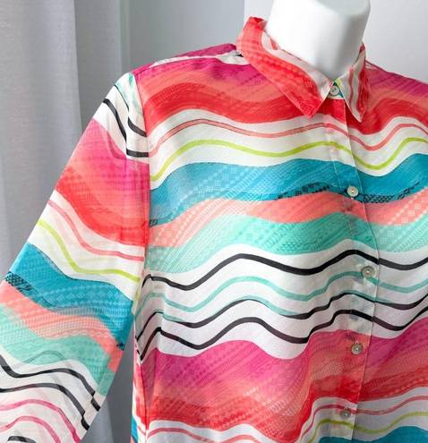 Chico's Chico’s Watercolor Striped 3/4 Tie-Sleeve Button Down Chiffon Shirt Size 3 XL