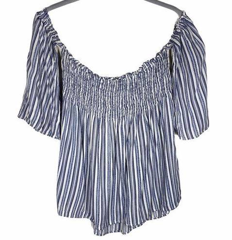 Paper Crane Striped Off Shoulder Smocked Rayon Top Blue & Off White Womens Med