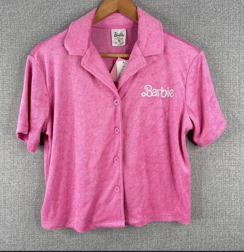 Polo barbie cropped terry cloth button down shirt  pink short sleeve