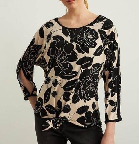 Joseph Ribkoff  Floral Self Tie Long Sleeve Blouse Top in Black & Beige