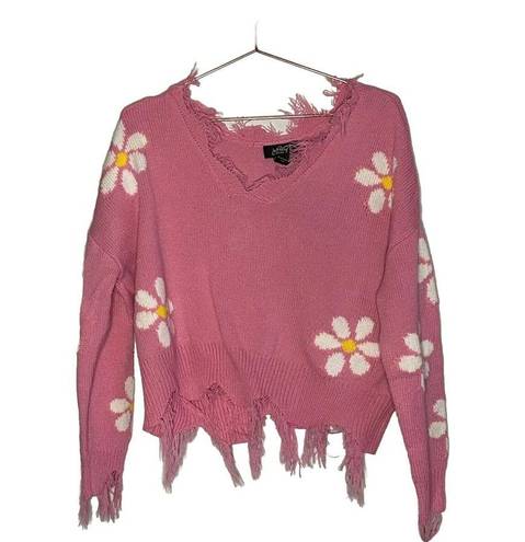 Daisy Just Polly Pink  Flower Cropped Raw Hem Distressed Sweater Size Medium