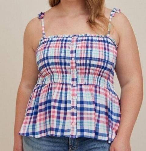 Torrid NEW NWT  2 Plus Size Peplum Smocked Bodice Cami Crinkle Gauze Plaid White