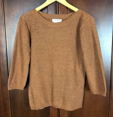 Coldwater Creek  Tan Brown Crochet 3/4 Sleeves Sweater Blouse Size Small