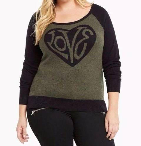 Torrid  Love Heart Knit Long Sleeve Pullover Plus Size Sweater Top 2X Olive Green