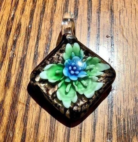 None Hand Blown Diamond Shaped Green Blue Flowering Plant Glass Floral Pendant