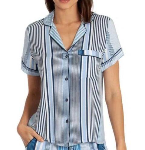 In Bloom  Pajama Top Medium M Blue White Stripe Soft Satin Lounge Button Shirt