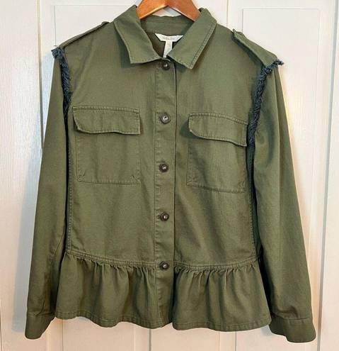 Matilda Jane  Lightweight Olive Green Boho Patchwork Ruffle Hem Jacket Sz Medium