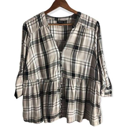 Torrid  Plaid Metallic Babydoll Twill Button Front Top