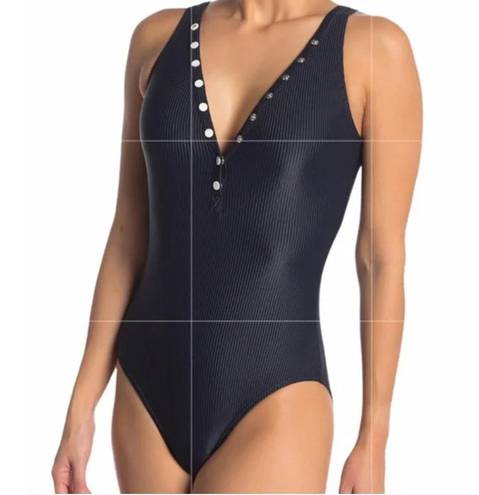 Tommy Hilfiger  Women's Ribbed Snap-Front One-Piece Navy Blue Swimsuit 10 NWT