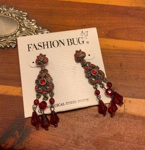 Fashion Bug  Red Bead and Rhinestone Earrings