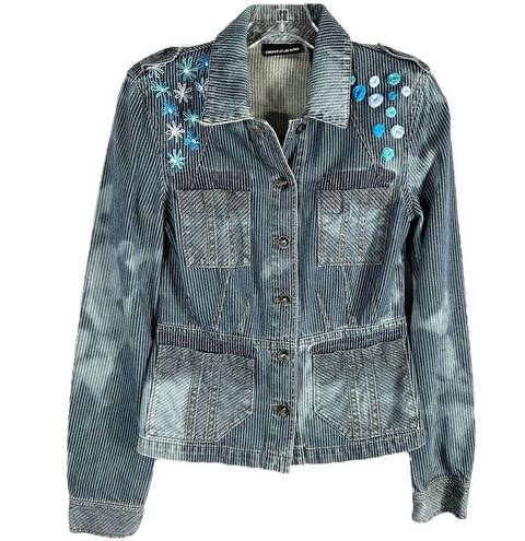 DKNY  Small Jean Jacket Reworked Denim Hand Embroidered Bleached Distressed 509