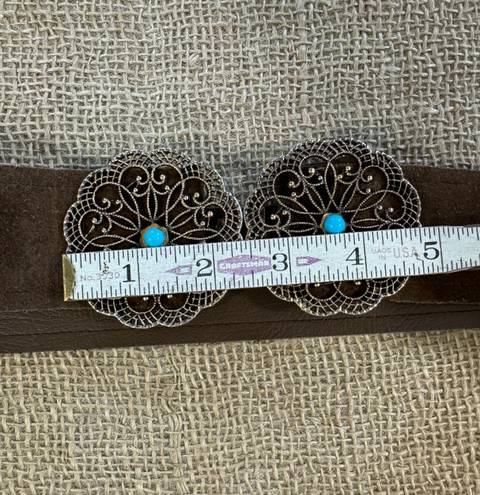 Vintage Brown Suede Leather Belt With Brass & Turquoise Buckle S