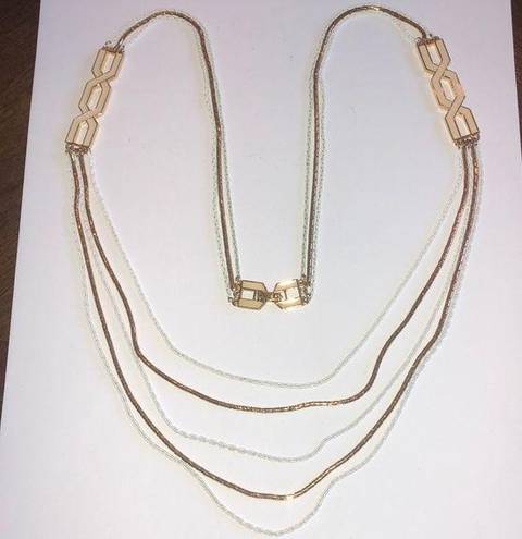 Monet  Vintage Gold Tone & Off White Enamel Multi Strand Retro Boho Necklace