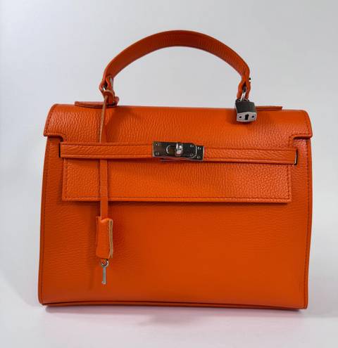 Vera Pelle Large Orange Genuine Leather Handle Bag with a Strap