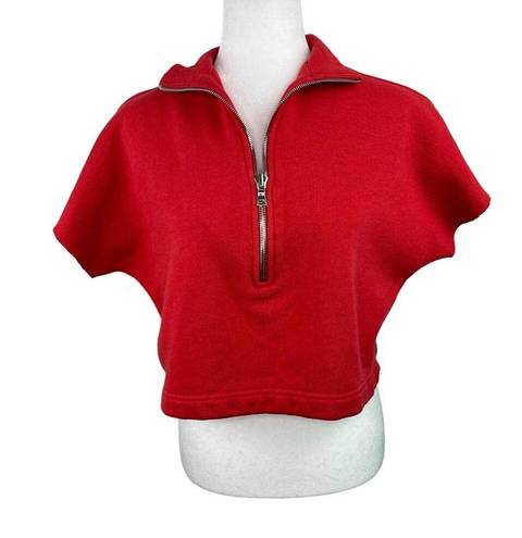 Good American  Red 3/4 Zip Short Sleeve Cropped Sweatshirt Size 0/XS Oversized