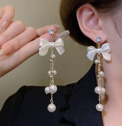 Elegant Bow White Pearl Dangle Drop Earrings for Women Gold