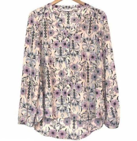 LC Lauren Conrad  Peach Blue Purple Floral Long Sleeve Semi Sheer Button Down MED