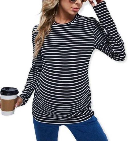 New Look  Maternity Black & White Striped Print Ruched Sides 3/4 Sleeve Shirt 14