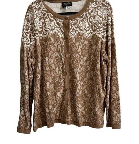 Bob Mackie LACE PRINT LONG SLEEVE BUTTON FRONT CARDIGAN, TAN, XL