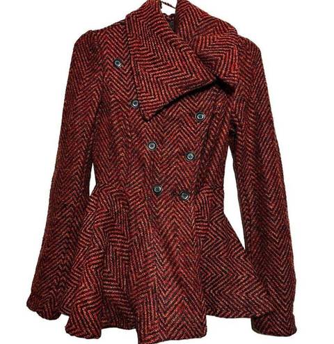 Free People  Patricia Pea Coat Peplum Tweed Chevron Flat Collared Maroon 6