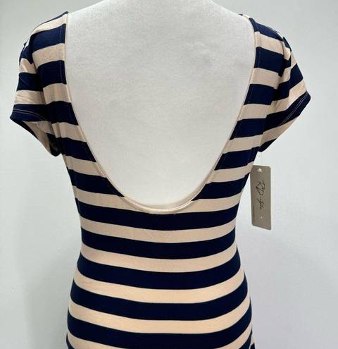 RD Style NEW  Navy & Beige Striped Open Back Cap Sleeve Fitted Maxi Dress Small