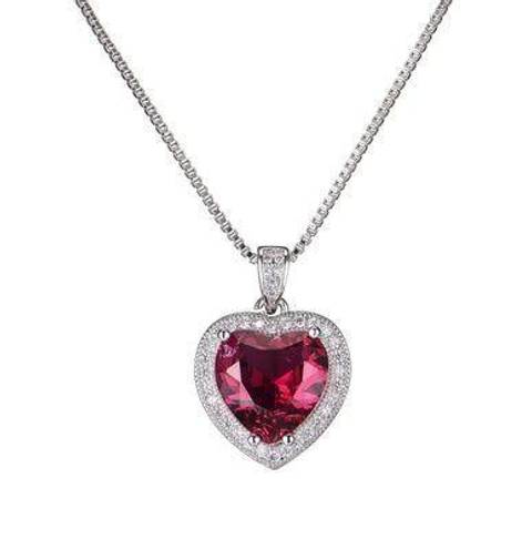 18K White Gold Plated Diamond Red Gemstone Ruby Love Heart Pendant Necklace for Women