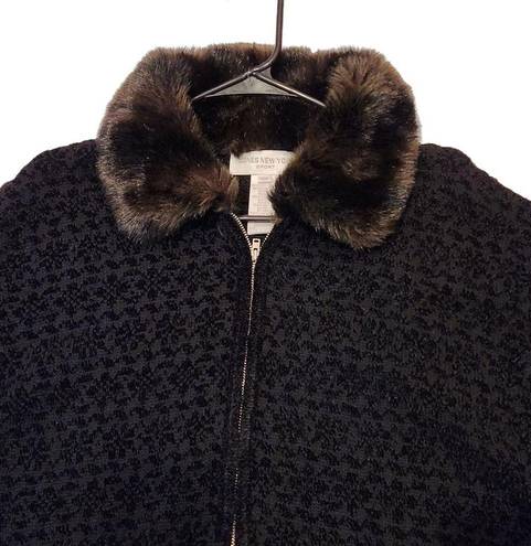 Jones New York  Faux Fur Collar Knit Jacket Fair Isle Print Full Zip Size 3XL