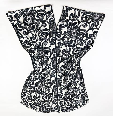 Natori  Silk Road Black White Flora Print Satin Square Caftan Pajama Lounge Dress