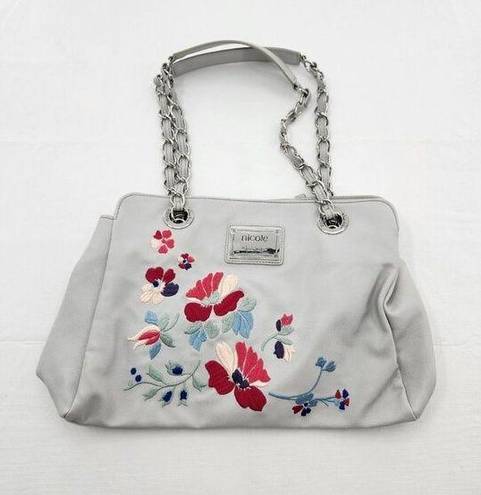 Nicole Miller  Faux Leather White Shoulder Bag Floral Embroidery Purse Hand Bag