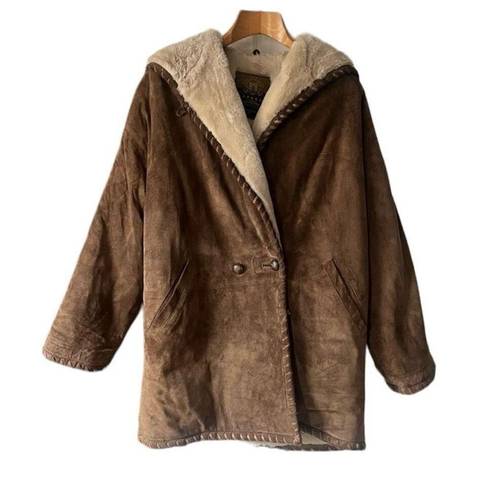 EXPRESS Vintage  Suede Leather Parka Jacket Hooded Faux Fur Lining Oversized OS