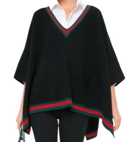 Tuckernuck  One Size Black Red Green Stripe Camden V Neck Sweater Knit Poncho