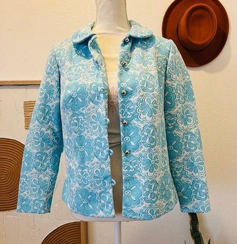 Vintage Blue  & White Daisy Floral Button Up 60s Little Jacket