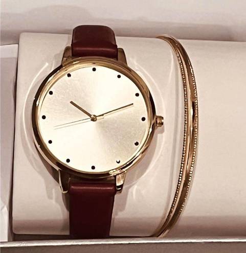 INC NEW  Womens Cinnamon Faux-Leather WATCH 35mm & Gold BRACELET Set Macys Boxed