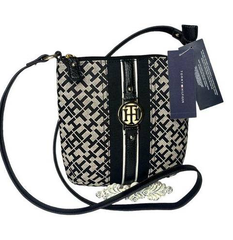 Tommy Hilfiger NEW  CROSSBODY HANDBAG Black Tan Jacquard Faux Leather Logo Purse