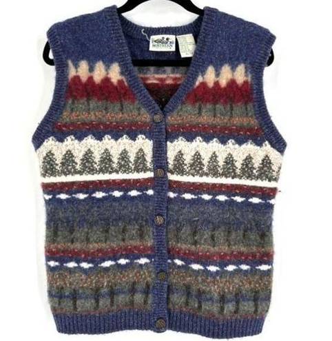 Northern Reflections Vintage  Button Front Sweater Vest Blue White Small Trees