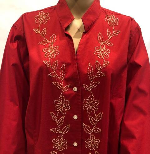 Coldwater Creek  Red Floral Beaded Button Up Long Sleeve Cotton Blouse Women’s 3X