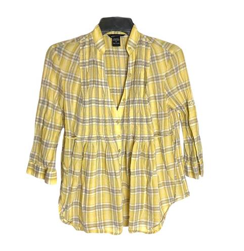 Moda International Gold, Gray, White Plaid w Gold Metallic Threading Shirt Wm S