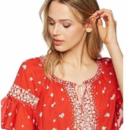 The Moon ✨Ella Top Boho Sz Large  Shirt Red Smocked Waist Ruffle Sleeve Tassel Tie✨