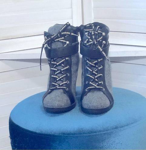 Juicy Couture  gray wool & black vegan leather block heel ankle boots sz 8.5