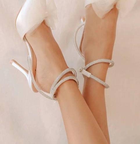 Lulus Lelanee White Satin Rhinestone Bow Ankle Strap Pumps