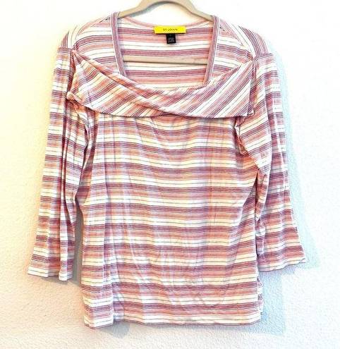 St. John  Blouse Pink White Stripe Large Pullover Stretch Square Neck Top