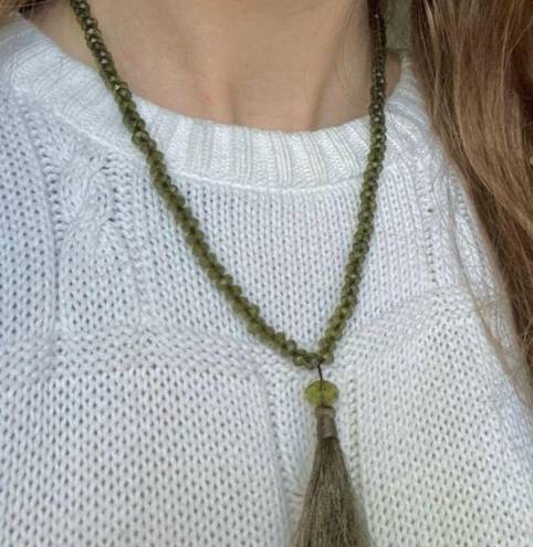 American Vintage Vintage “Ophelie” Green Crystal Tassel Feather Necklace Olive Emerald Rhinestone