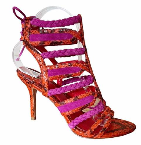 Brian Atwood  Felisa Sandals Mixed Media Strappy Braided Leather Orange Pink 7