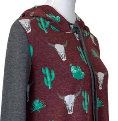 12PM by Mon Ami  Cactus Pullover Hoodie Gray Burgundy Green Size Large