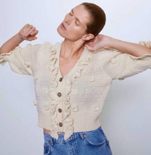 ZARA  NWOT Ruffled Floral Gem Button Down Knit Cardigan Sweater in Ivory Cream