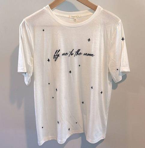 The Moon BaeVely “fly me to ” Embroidered Short Sleeve White Tee size Large