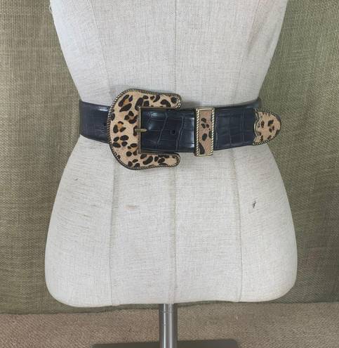 Adrienne Landau Black Leather Dress Trouser Belt W/ Leopard Print Cow Fur  34-38 In. Size M-Lrg